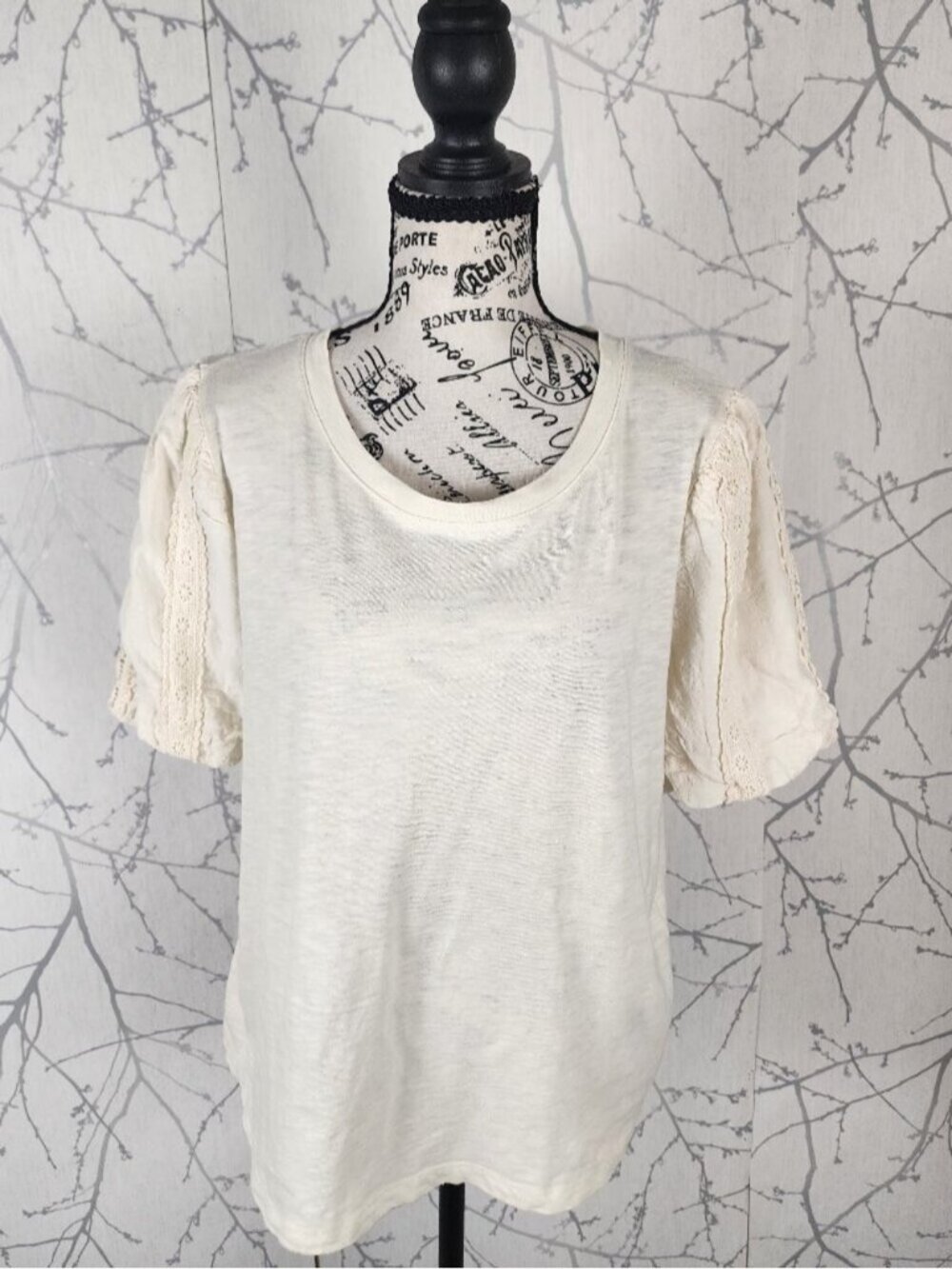 Design History Ivory Cotton Jersey Crochet Trim Puff Sleeve Top